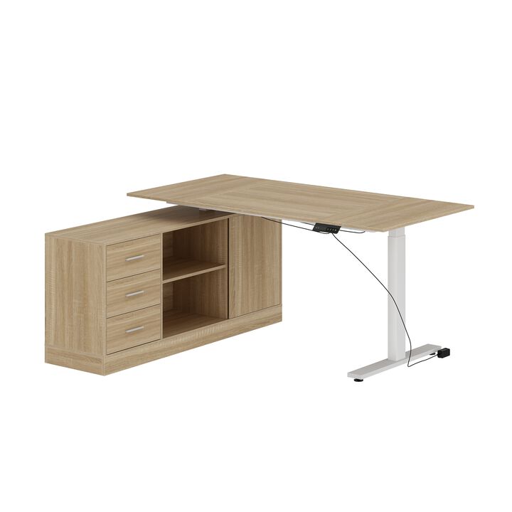 FUFU&GAGA Light Brown Ergonomic Adjustable Corner Desk with Storage Cabinet 3 Drawers and Memory Preset Controller 63''W x 55.1''D x 29.6''H