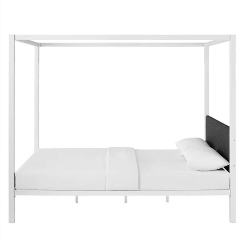 Industrial Canopy Bed Frame with Fabric Upholstered Headboard – Metal Design
