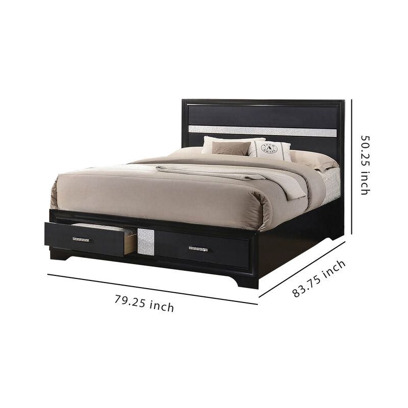 Wooden Eastern King Size Bed with 2 Storage Drawers, Black and Silver-Benzara