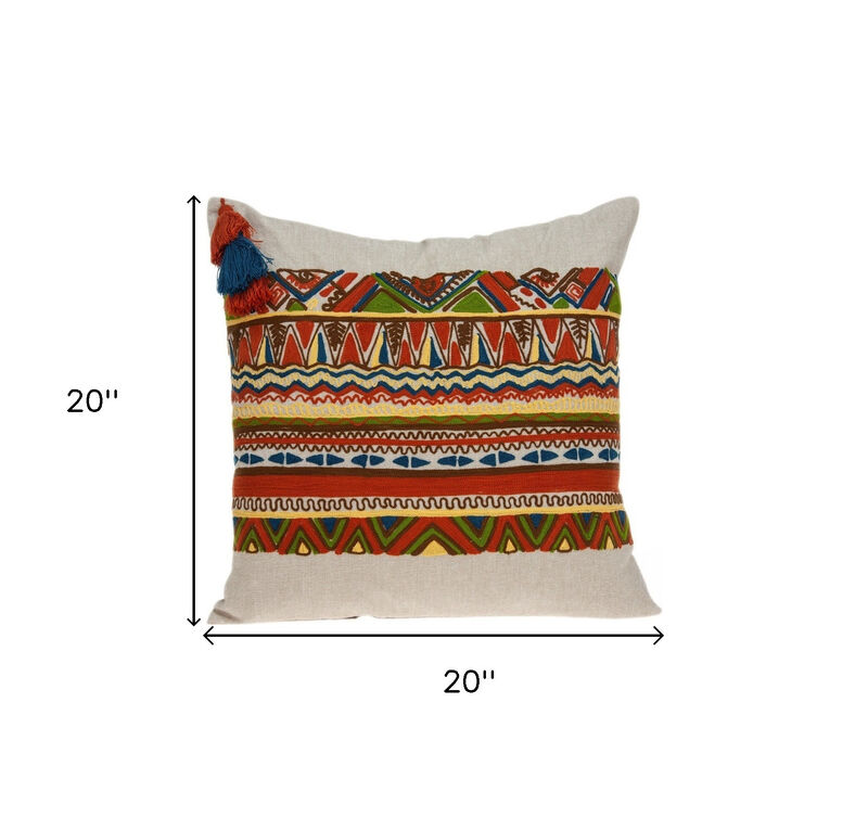 HomeRoots 20" Beige and Orange Striped Cotton Blend Throw Pillow With Embroidery image number 6