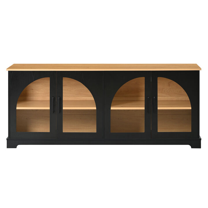 TATEUS Elegant Farmhouse Media Sideboard with Semi-Arched Glass Doors, 70" TV Stand Cable Management