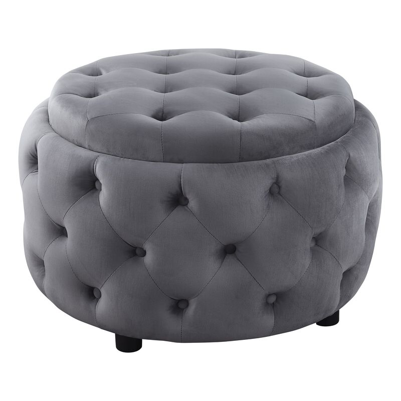Lina 28 Inch Round Ottoman, Storage Area, Smooth Gray Vegan Faux Leather-Benzara image number 1