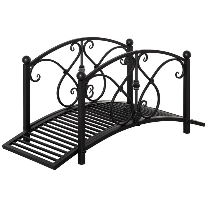 Outsunny 3.3FT Metal Arch Zen Garden Bridge with Safety Siderails, Decorative Footbridge, Delicate Floral Scrollwork for Stream, Fish Pond, Black