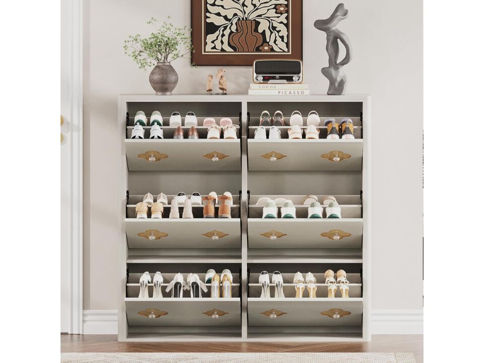 Slim Entryway Wood Shoe Storage Cabinet Flip Drawer Adjustable Shelves White