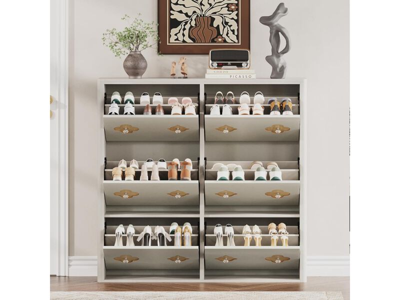 Slim Entryway Wood Shoe Storage Cabinet Flip Drawer Adjustable Shelves White image number 1