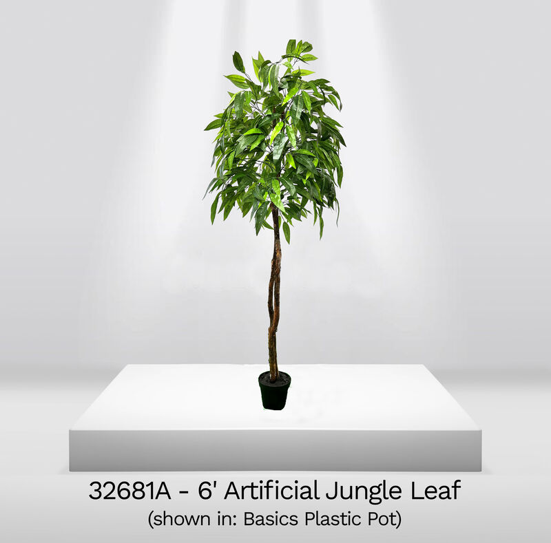 Handmade 6' Artificial Jungle Leaf Tree In Home Basics Plastic Pot Made with Real Wood and Moss Accents