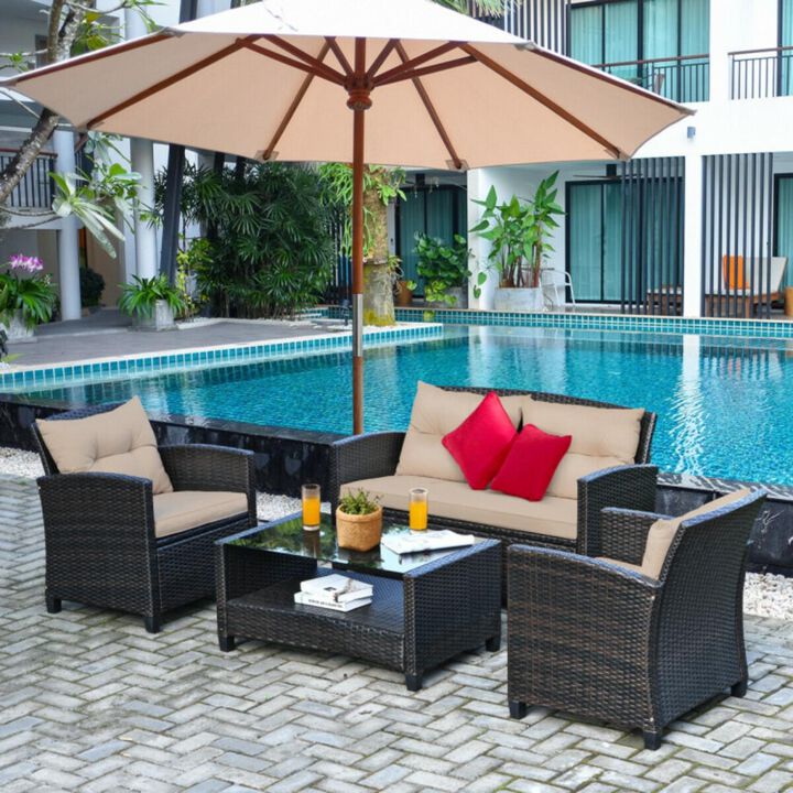 Hivvago 4 Pieces Outdoor Rattan Furniture Set with Glass Table