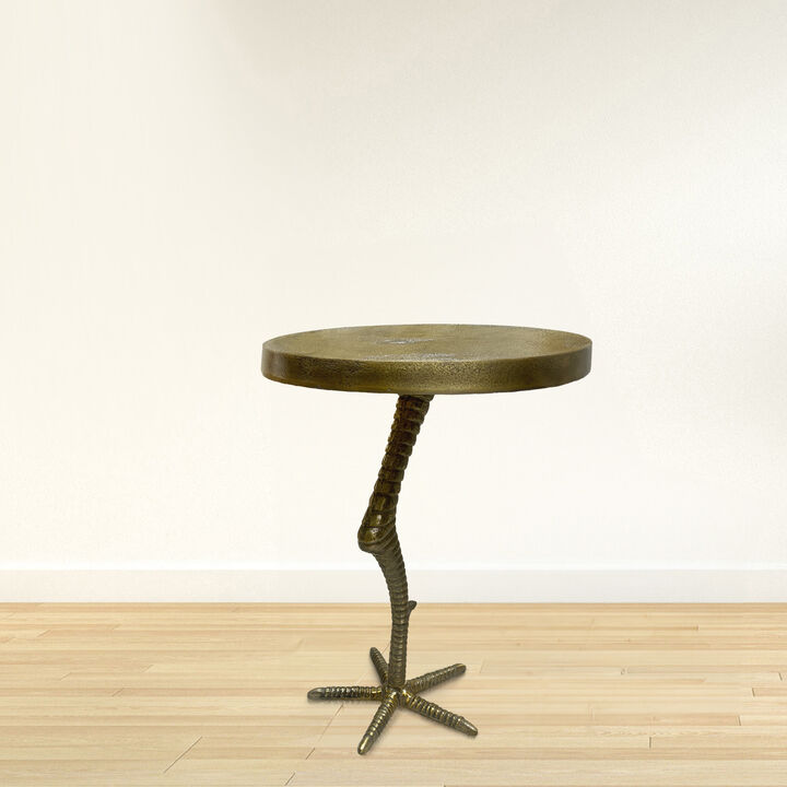 19 Inch Side End Table, Antique Brass Aluminum Cast, Round Top with Handcrafted Textured Bird Leg Stem - Benzara