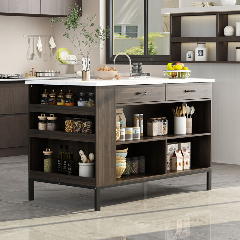 Stationary Kitchen Island with 2 Drawers & Open Shelves, Kitchen Island Table with Metal Legs, Bar Table Island Table Brown and Marble White (55.1&rdquo;W x 30&rdquo;D x 36&rdquo;H)
