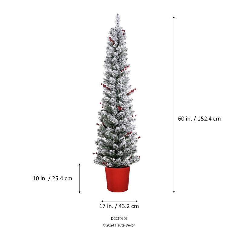 5 Foot Pre-lit Flocked Berry Artificial Fir Christmas Potted Pencil Tree image number 5