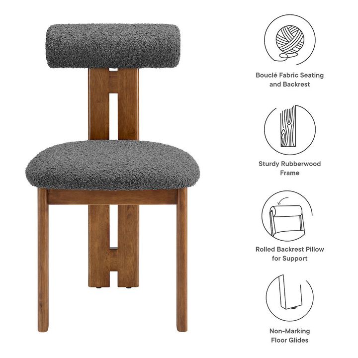 Modway Torian Upholstered Boucle Dining Chairs Set of 2 in Walnut Black - 3-Legged Farmhouse Kitchen Chairs - Mid-Century Modern Armless Accent Chairs - Comfortable Side Chairs with Wood Legs