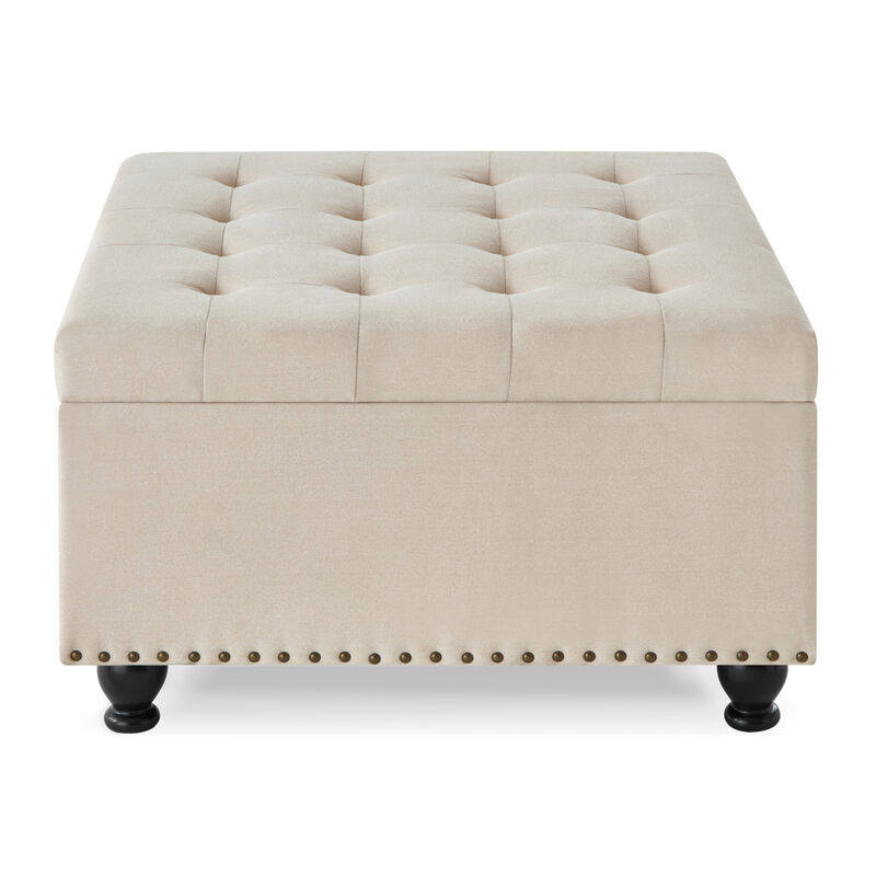 Streamdale Beige upholstered storage ottoman with wooden legs image number 2