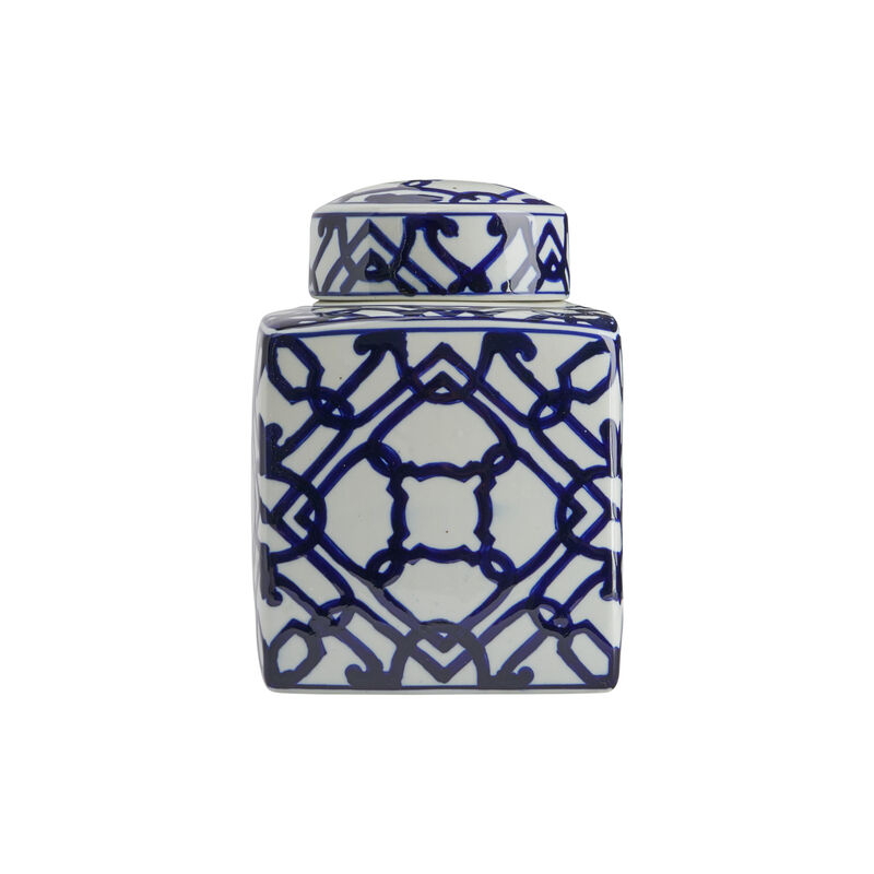Decorative Square Ceramic Ginger Jar with Lid, Blue and White Geometric Fretwork image number 4