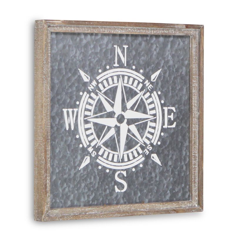 HomeRoots 17" X 17" Gray Compass Galvanized Metal And Wood Square Framed Art image number 4