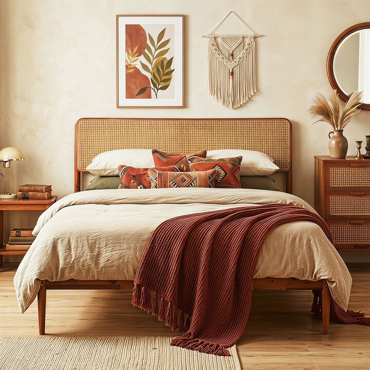 Rattan Style Wooden Bed Frame with Slatted Support System