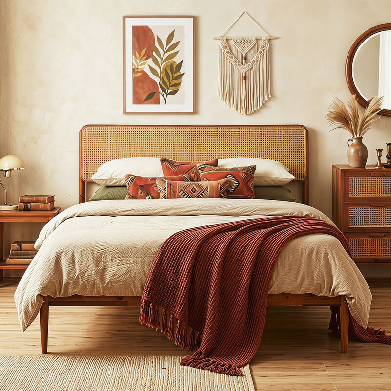 Rattan Style Wooden Bed Frame with Slatted Support System image number 1