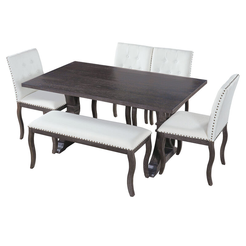 Whisen 6-Piece Dining Set with Bench, Farmhouse Natural Oak Table w/ 4 Upholstered Button Tufted Chairs, Solid Wood & MDF Kitchen Furniture image number 7