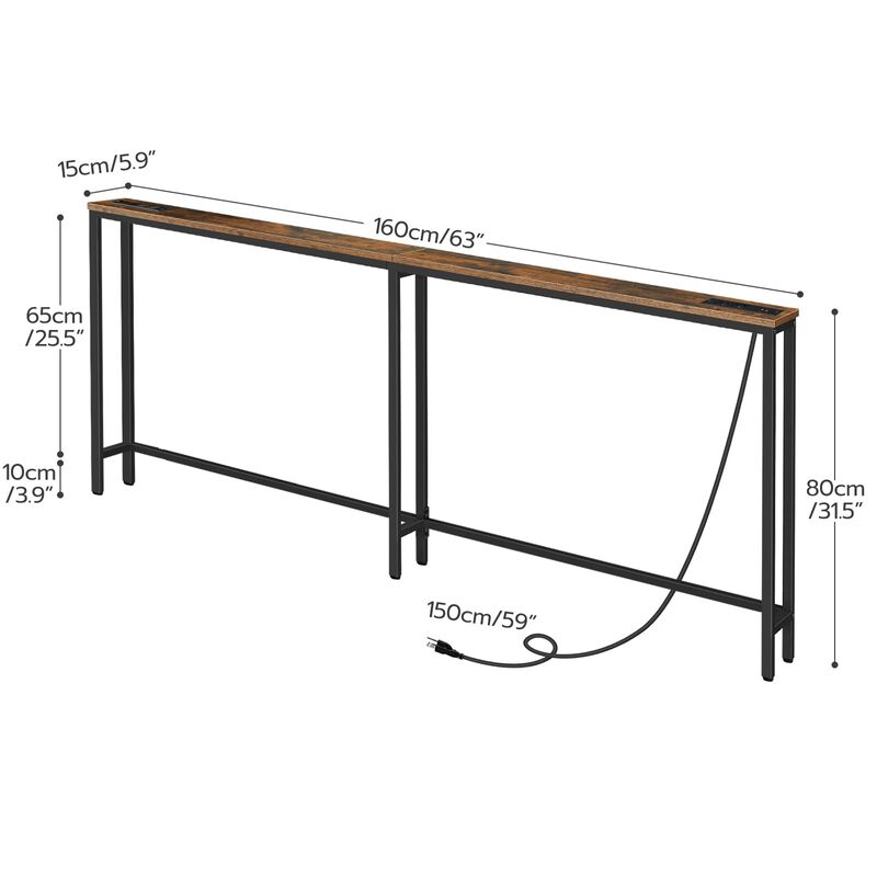 Slim Console Table with Charging Station for Entryway and Living Room-Brown image number 2
