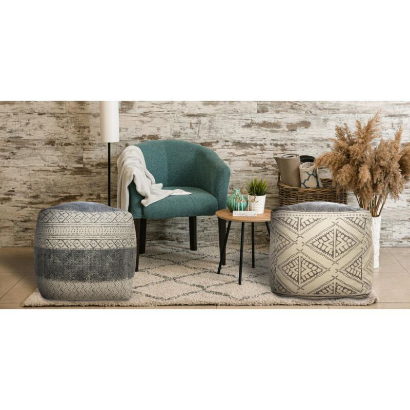 Hivvago 20 Inch Beige Cotton Tribal Pouf Ottoman