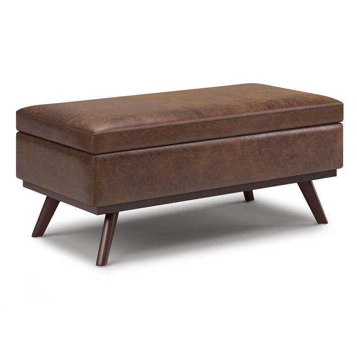 Owen 42 inch Wide Mid Century Modern Rectangle Lift Top Large Coffee Table Storage Ottoman in Distressed Chestnut Brown Vegan Faux Leather, Assembled