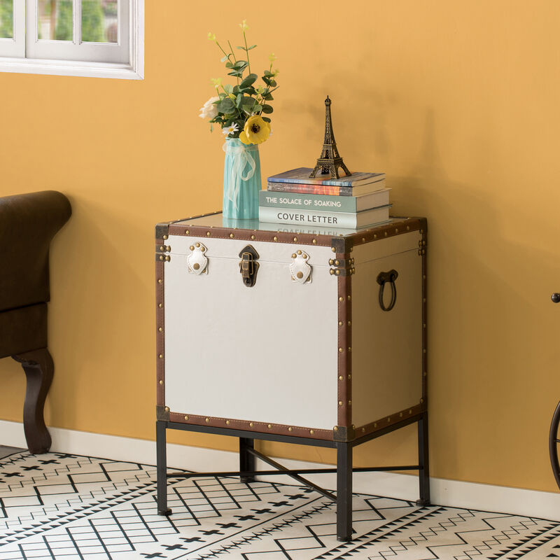 Silver and Brown Trimmed Faux Leather Lockable Square Lined Storage Trunk, End Table on Metal Stand
