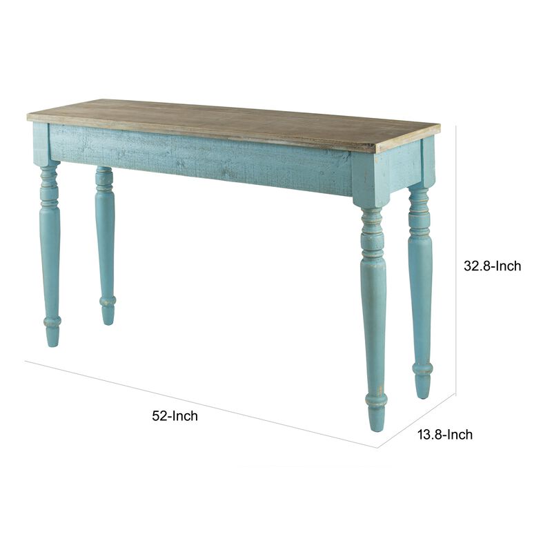52 Inch Console Sofa Table, Rectangular, Turned Legs, Fir Wood, Teal Blue - Benzara