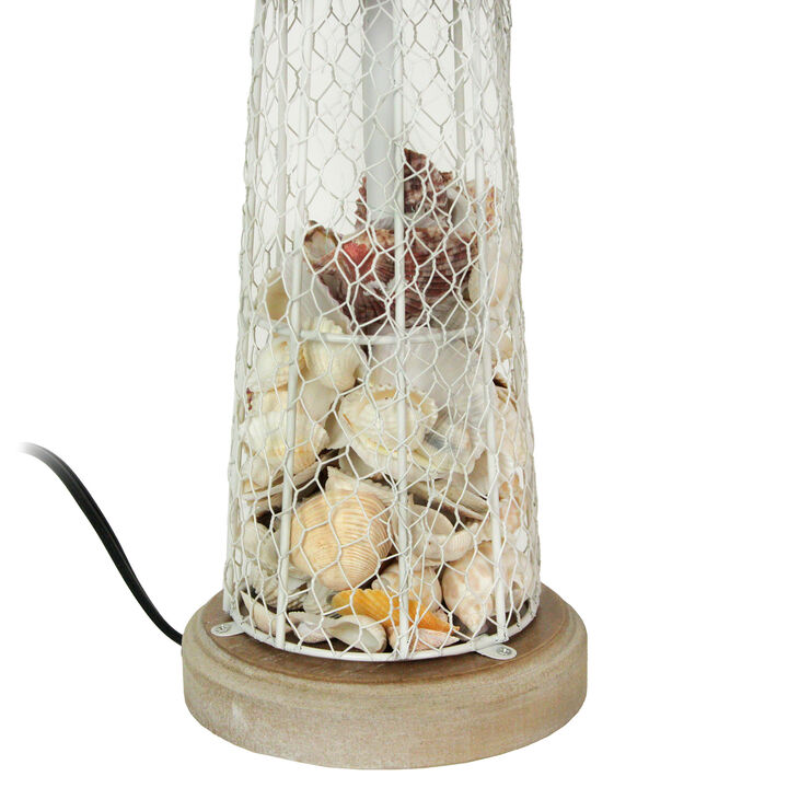 White and Grey Metal Mesh Seashell Filled Lighthouse Table Lamp with Cone Shade
