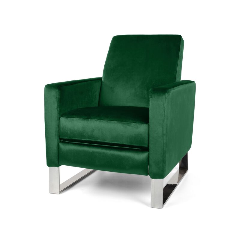 Reki Recliner Chair, Manual Push Back, Stainless Steel, Green Velvet - Benzara