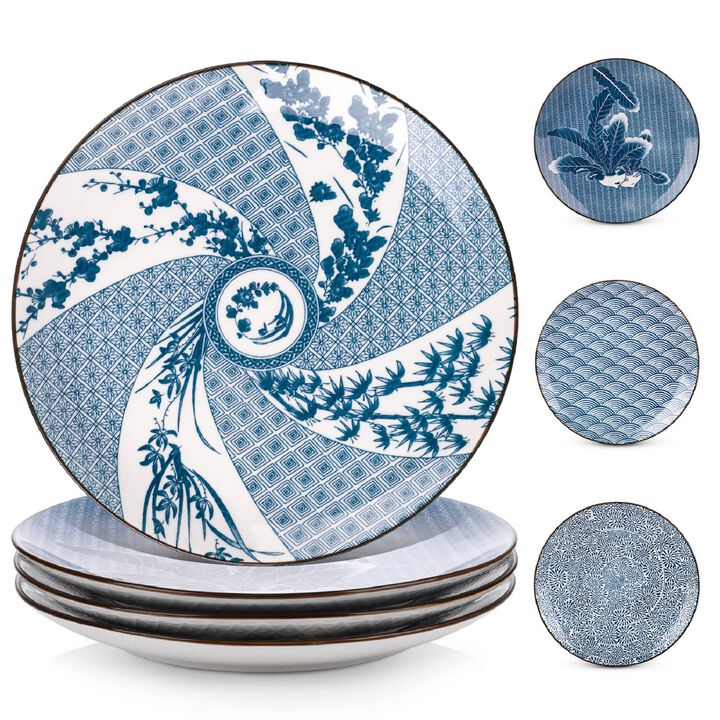 Y YHY Salad Plates Set 10 Inch, Porcelain Dinner Plates Set of 4, Japanese Blue and White Dessert Plates, Appetizer Plate - 4 Pattern