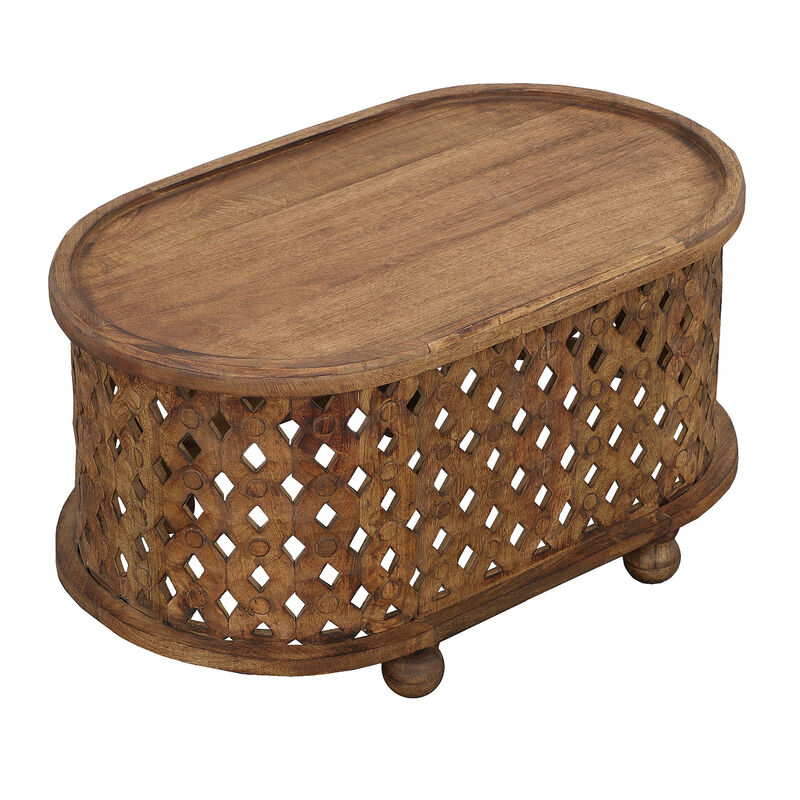 36 Inch Handcrafted Oval Coffee Table, Intricate Cutout Design, Antique Brown