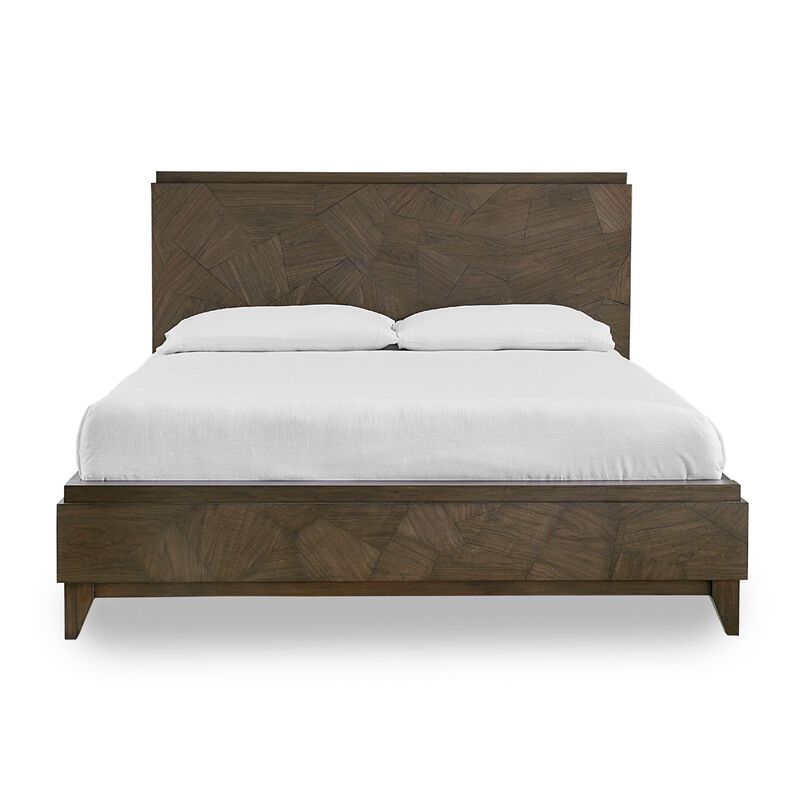 Dee Mahogany Wood Low Profile Queen Bed, Geometric Oat Brown