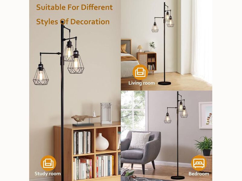 Industrial Tree Floor Lamp – 69" Tall, Dimmable, 3 Cage Shades, Edison Bulbs Included