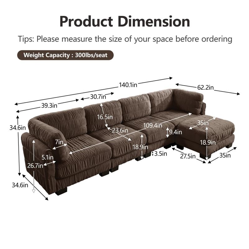 4 seat modular sectional sofa, Chenille L shaped sectional couch with ruched detailing, Modular sectional with movable ottoman image number 2