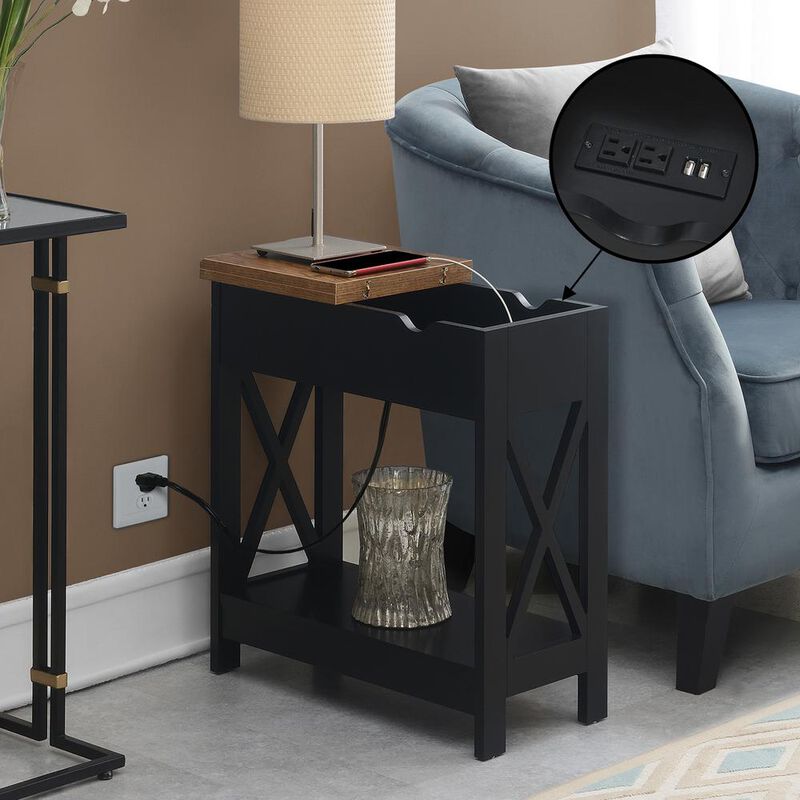 Convenience Concepts Oxford Flip Top End Table with Charging Station and Shelf, Brown