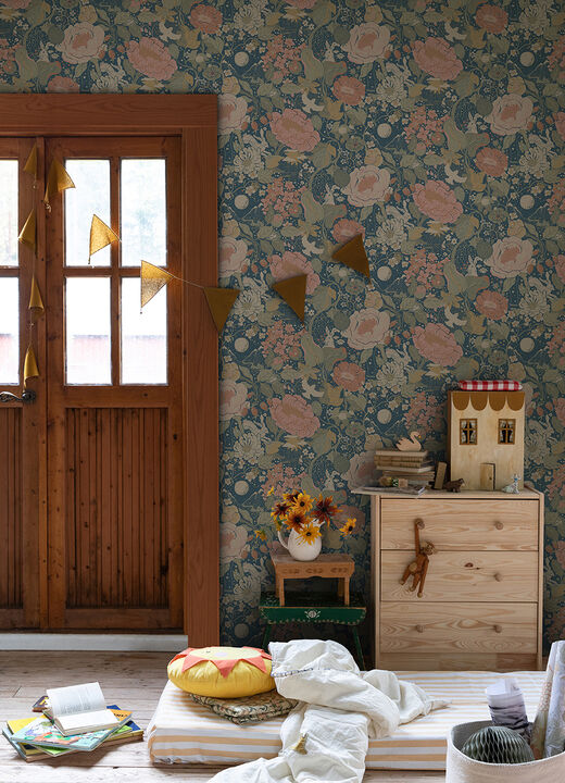 V&Atilde;&curren;xa Teal Rabbits & Rosehips Wallpaper