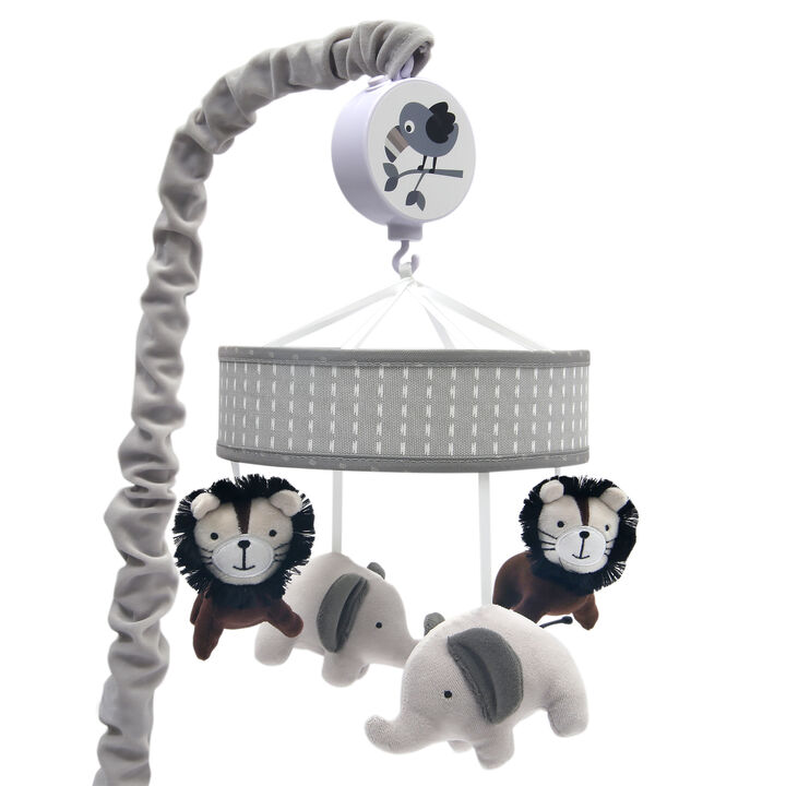 Lambs & Ivy Urban Jungle Gray/Brown Lion & Elephant Musical Baby Crib Mobile