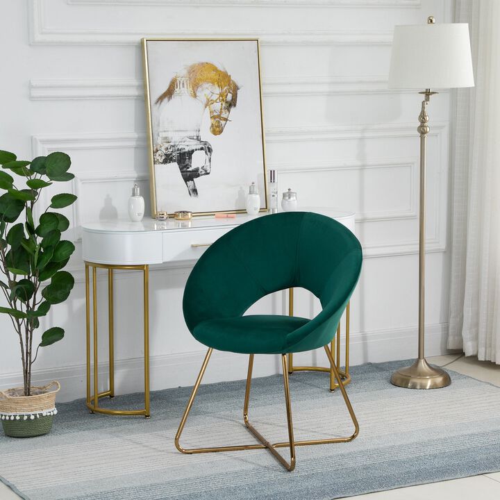 Modern Accent Velvet Chair Open Curved Mid-Back Upholstered Vanity Chair with Gold Plating Metal Legs for Living Room/Office/Reception, Green