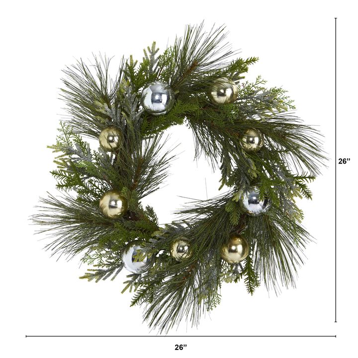 HomPlanti 26" Sparkling Pine Artificial Wreath with Decorative Ornaments