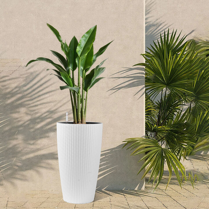 WOW PIONEER Set of 2 Faux Rattan Tall Planters for Indoor Outdoor Use with Automatic Watering System, Water Level Monitor, Inner Bucket for Garden Patio Porch Backyard