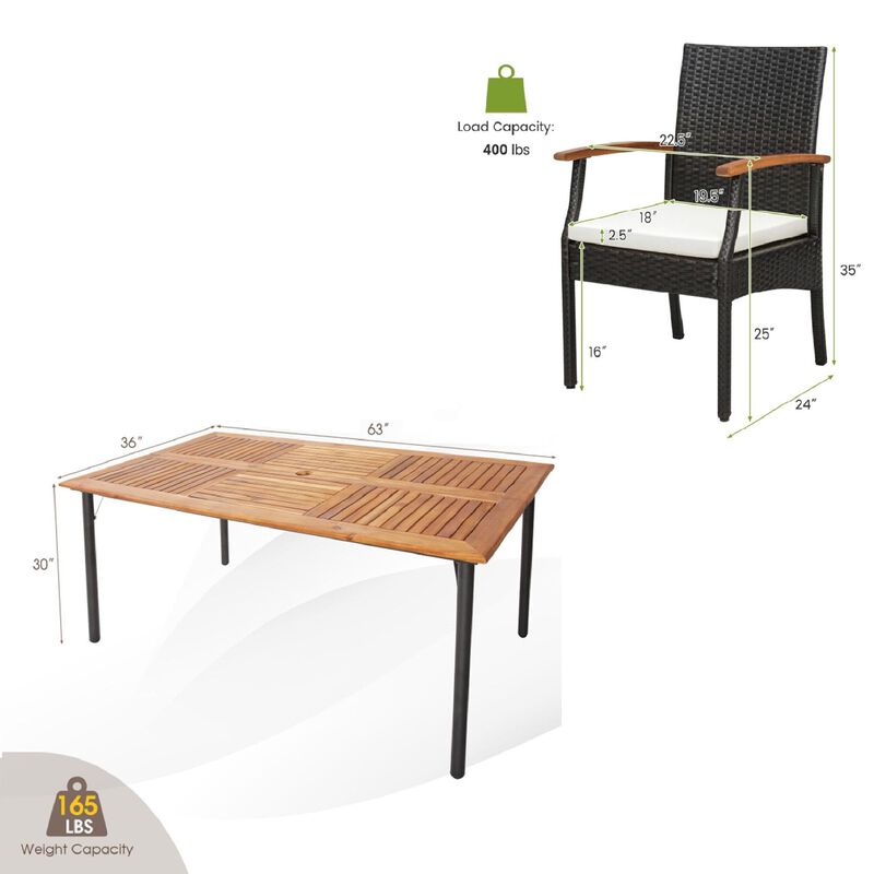 Mondawe 5Pcs Patio Dining Set, Acacia Wood Umbrella Hole Table & 4 Cushioned Chairs W/ Wood Armrests