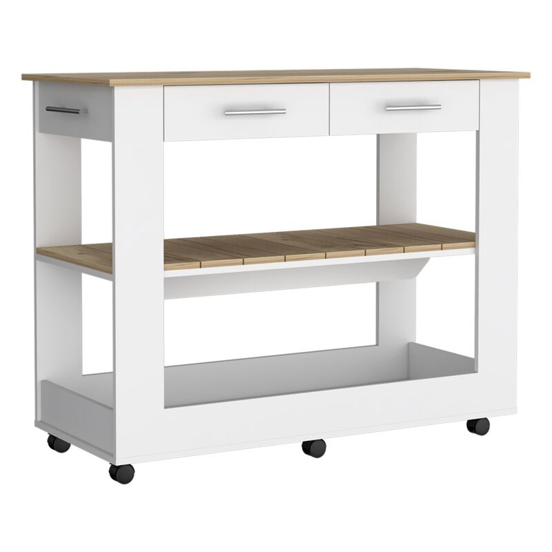 DEPOT E-SHOP Delos 46 Kitchen Island White, Six Casters, Two Drawers, Lower Open Shelf