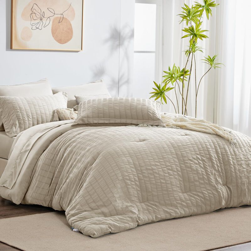 CozyLux Queen Seersucker Comforter Set with Sheets Oatmeal Bed in a Bag 7-Pieces All Season Bedding Sets with Comforter, Pillow