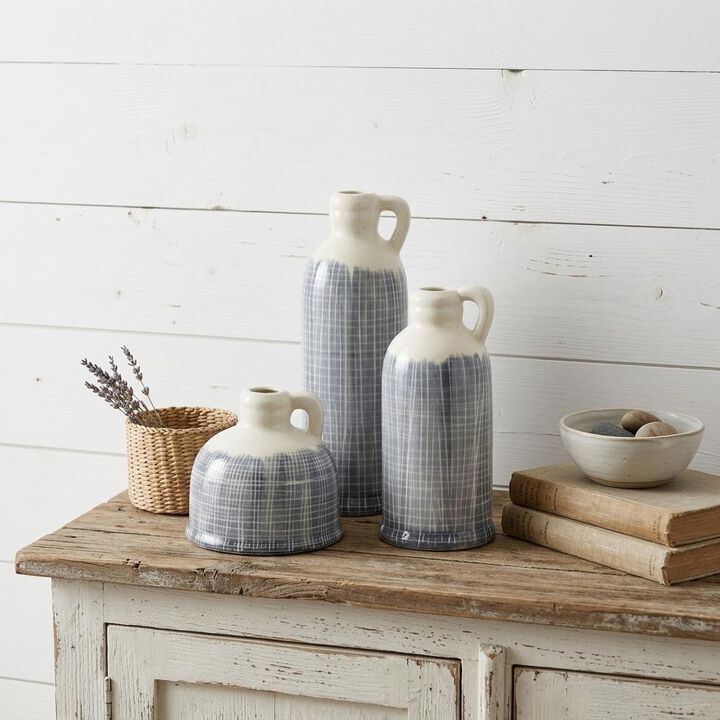 HomeRoots Set of Three Off White And Blue Clay Checkered Jug Vases
