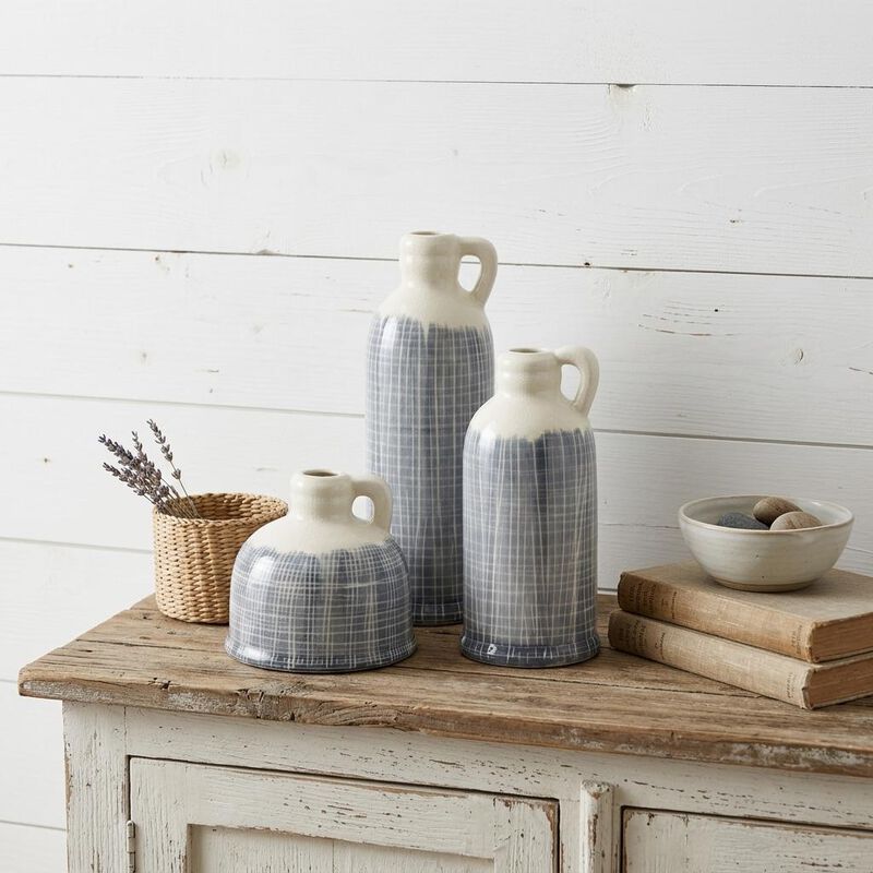 HomeRoots Set of Three Off White And Blue Clay Checkered Jug Vases image number 1