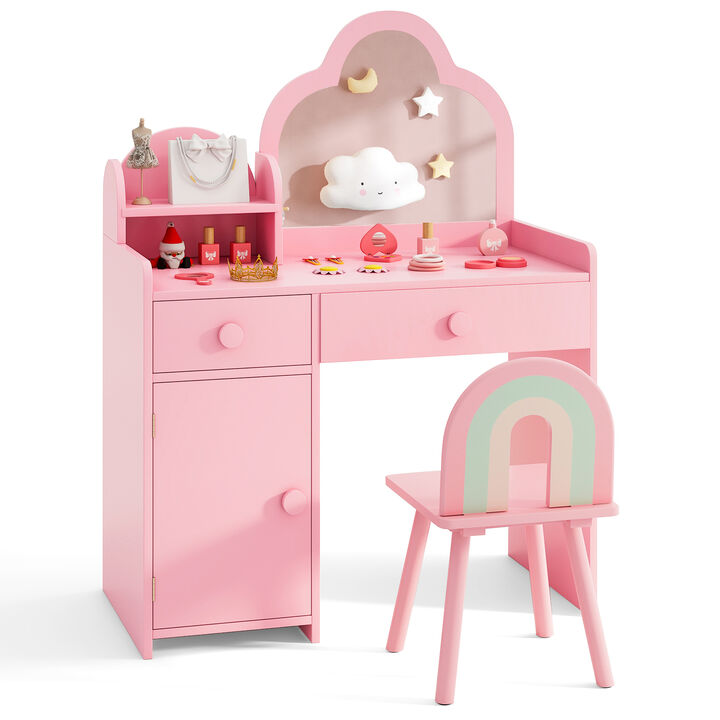 Adorable Kids Vanity Table Set with Cloud Mirror and Storage Compartment