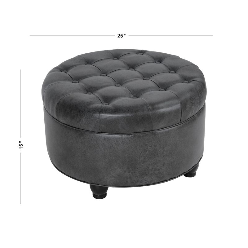 Gery Storage Ottoman, 25 Inch Round Tray Top, Dark Gray Faux Leather