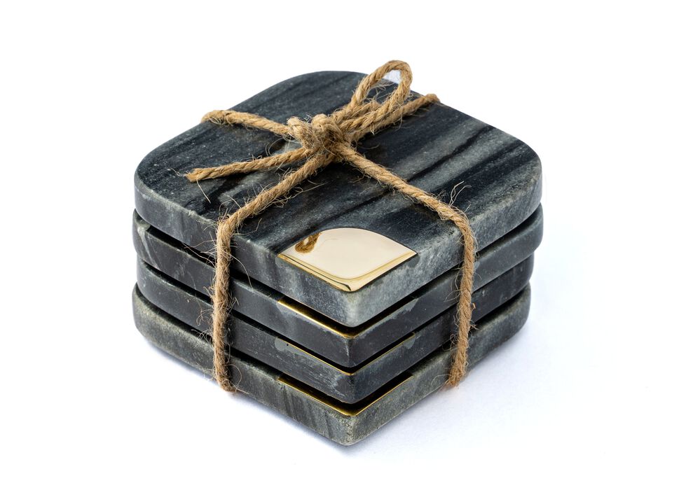 Lexi Home 4 in. Grey Marble Inlay 4-Pack Coaster Set