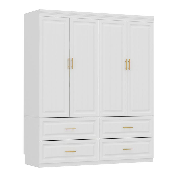 White Wood 63 in. W 4-Door Big Wardrobe Armoires with Hanging Rod, Drawers, Storage Shelves 74.2 in. H x 20.6 in. D