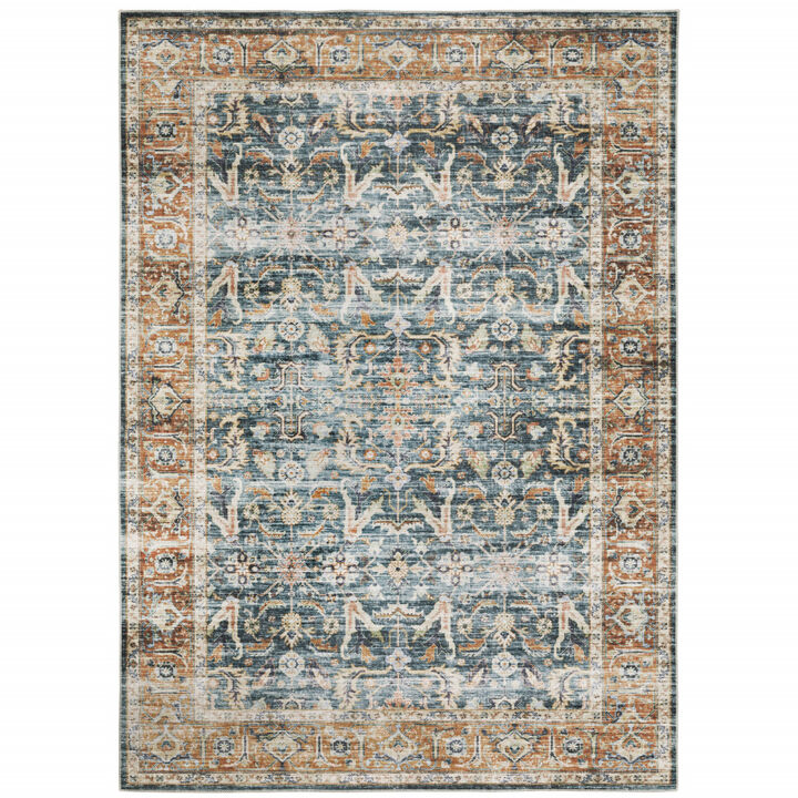 4 X 6 Blue Rust gold And Olive Oriental Printed Stain Resistant Non Skid Area Rug