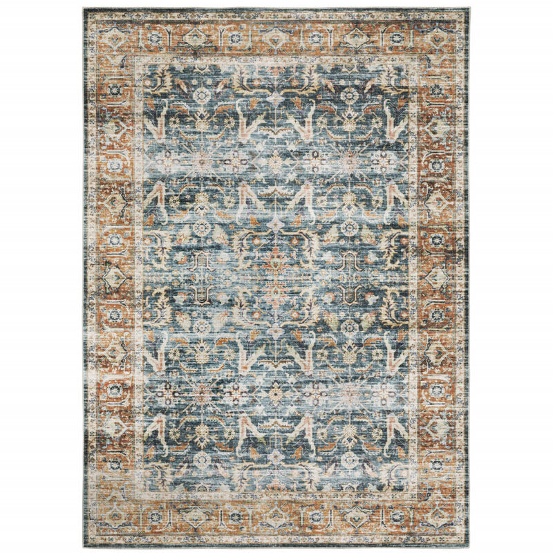 5 X 7 Blue Rust gold And Olive Oriental Printed Stain Resistant Non Skid Area Rug